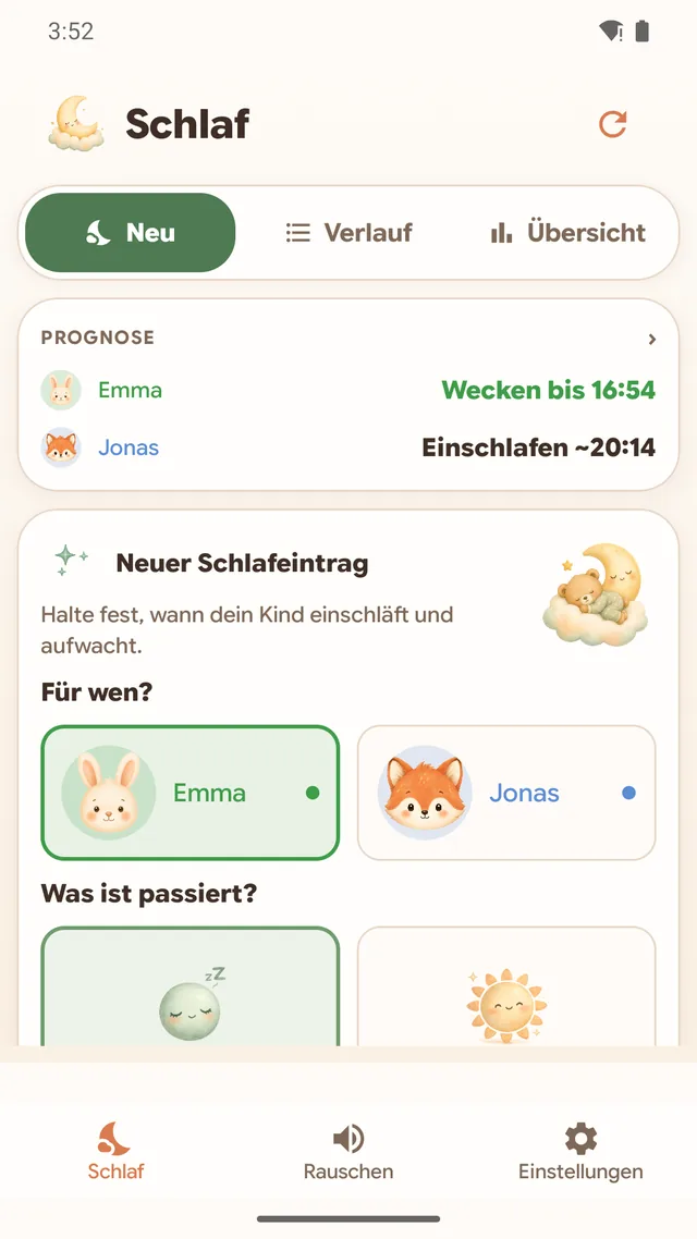 App-Screenshot: Neuer Schlafeintrag mit Kinder-Auswahl und Prognose-Karte