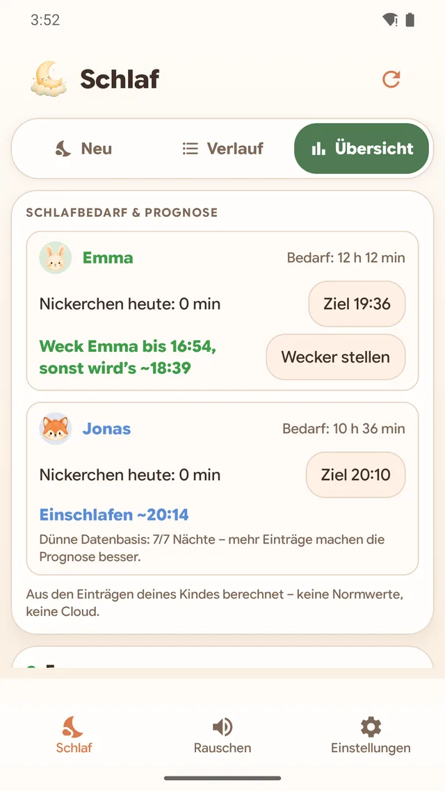App-Screenshot: Übersicht mit Schlafbedarf und Einschlaf-Prognose pro Kind