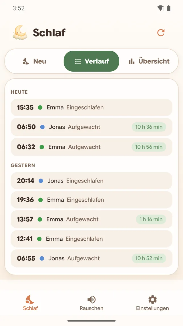 App-Screenshot: Verlauf mit Schlafeinträgen und Schlafdauer pro Kind
