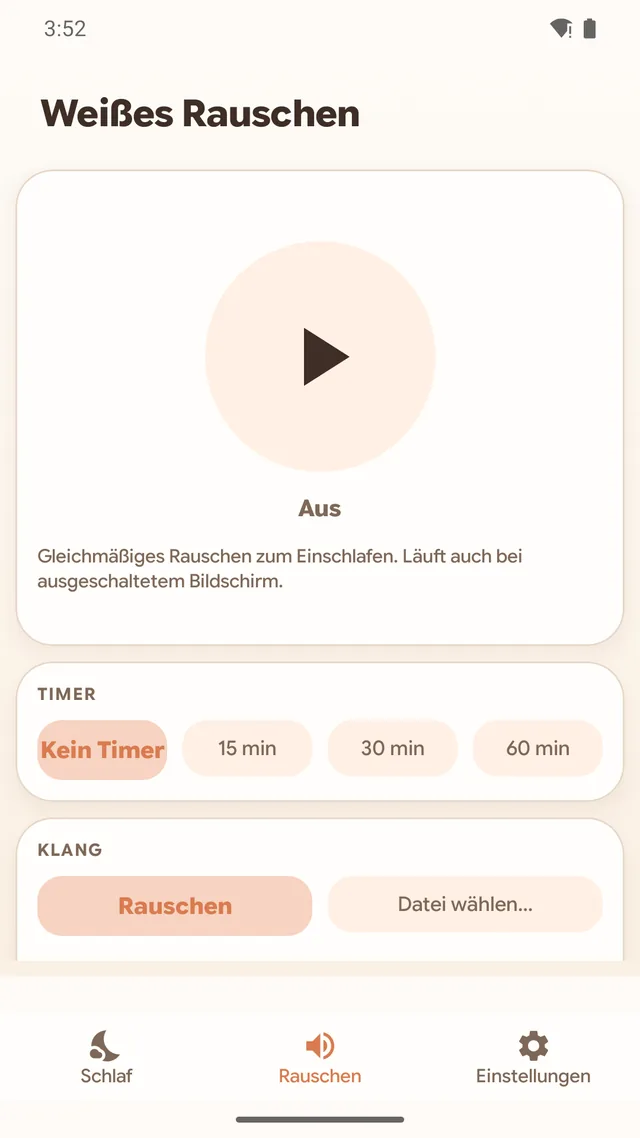 App-Screenshot: Weißes Rauschen mit Einschlaf-Timer